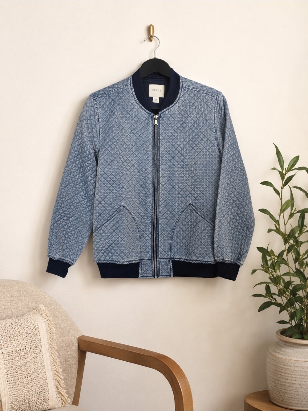 Guess Blue Quilted Bomber Jacket XS Argyle Lightweight‎ Spring Rockabilly Retro